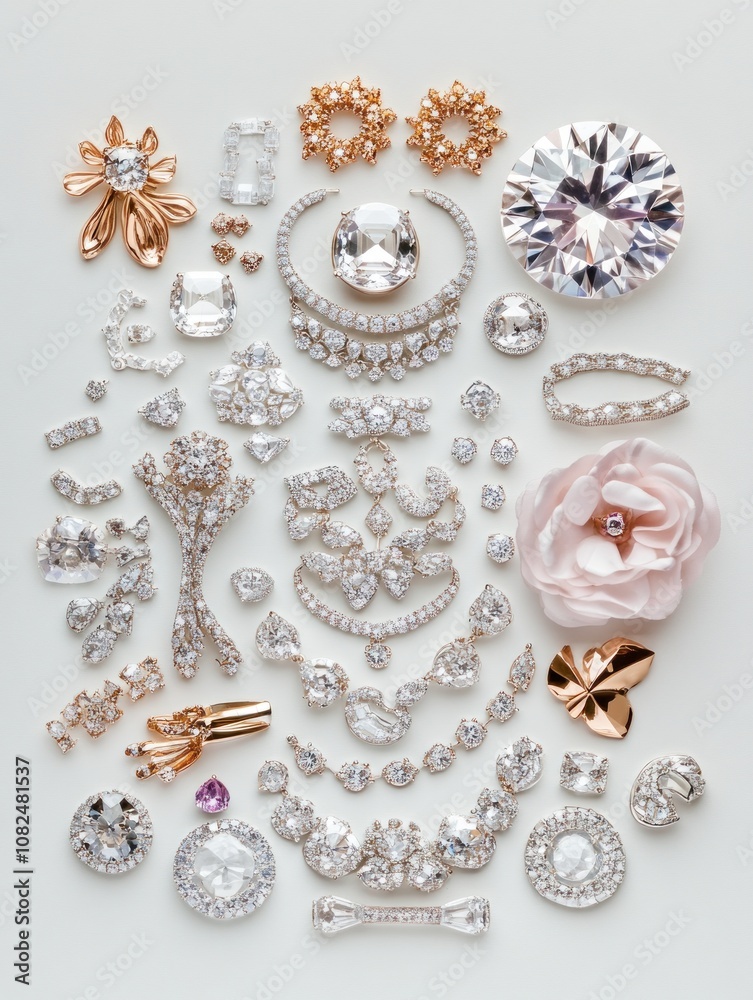 Fototapeta premium A collection of decorative jewelry pieces arranged aesthetically on a light background.