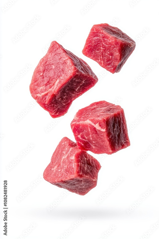 Fresh Raw Cubes of High-Quality Red Meat Floating in the Air, Strategically Cut for Culinary Use, Highlighting Texture and Color with a Clean White Background Fresh Raw Cubes of High-Quality Red Meat Floating in the Air, Strategically Cut for Culinary Use, Highlighting Texture and Color with a Clean White Background