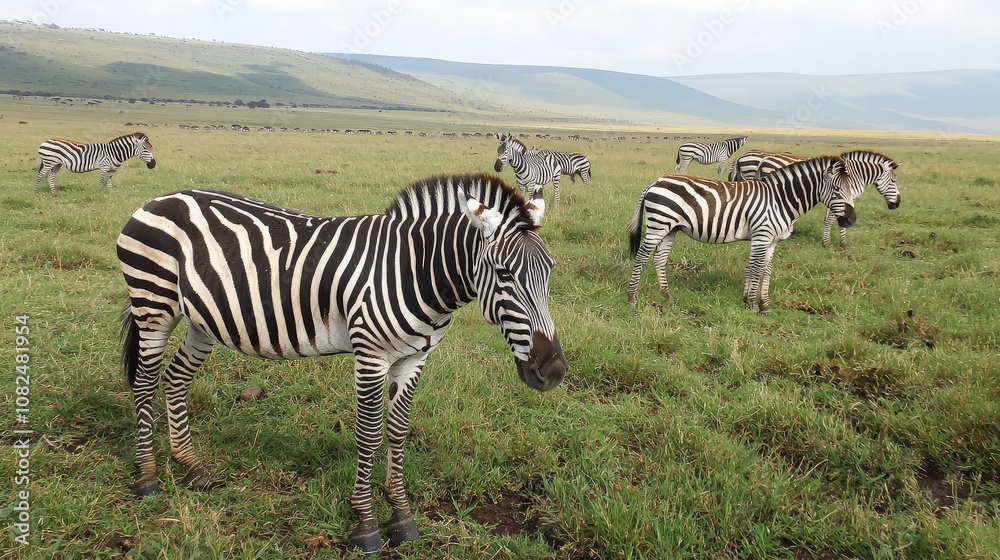 Obraz premium A herd of zebras graze on the African savanna.