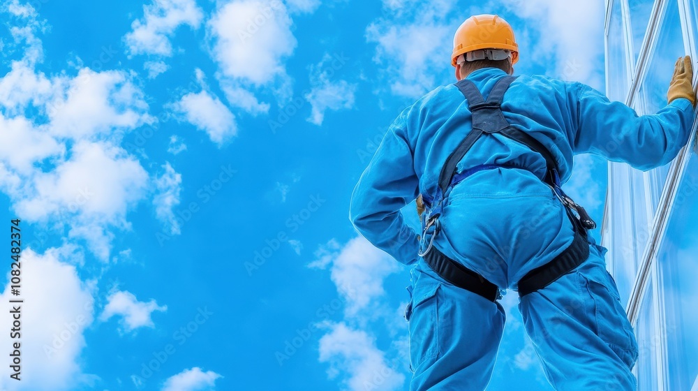 Obraz premium Construction Worker in Safety Harness Cleaning Glass on High Rise Building Against Bright Blue Sky with White Clouds, Showcasing Safety and Professionalism in Urban Environment