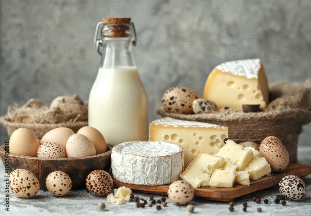 top view of fresh eggs, cheese, milk and bread on grey background. freshness and naturalness agricultural products. homemade and organic food top view of fresh eggs, cheese, milk and bread on grey background. freshness and naturalness agricultural products. homemade and organic food