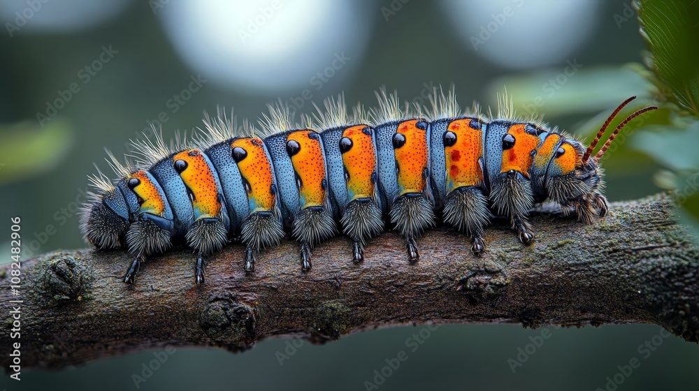 Fototapeta premium A vibrant caterpillar resting on a tree branch.