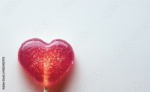 two pink Valentine's Day heart shaped lollipops against an empty pastel pink background. Love concept. Top view. Minimalist style photo