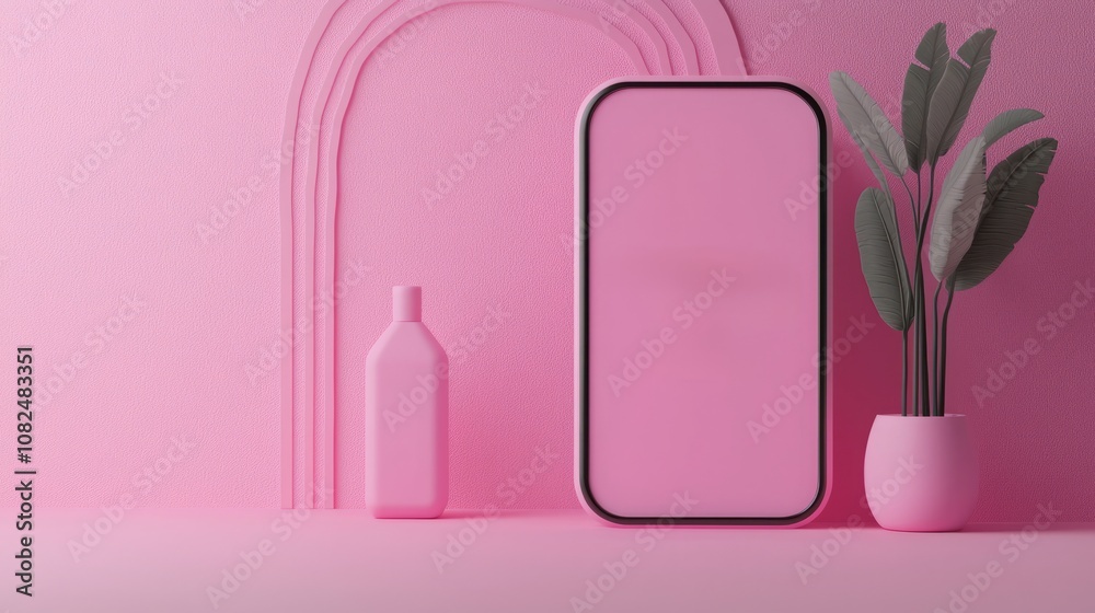 Keyword online relevance, A minimalistic, pink-themed interior featuring a modern fridge, a decorative bottle, and a plant in a stylish pot against textured pink walls. Keyword online relevance, A minimalistic, pink-themed interior featuring a modern fridge, a decorative bottle, and a plant in a stylish pot against textured pink walls.