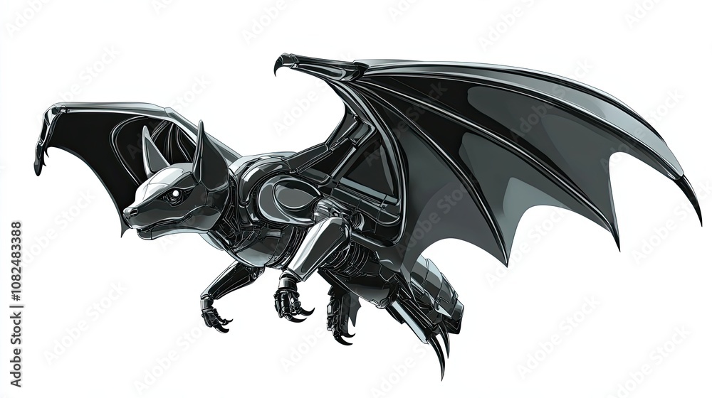 Fototapeta premium A Metallic Bat-Like Creature with Wings Spread in Flight