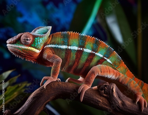 Male young panther chameleon Fucifer Pardalis on a branch photo