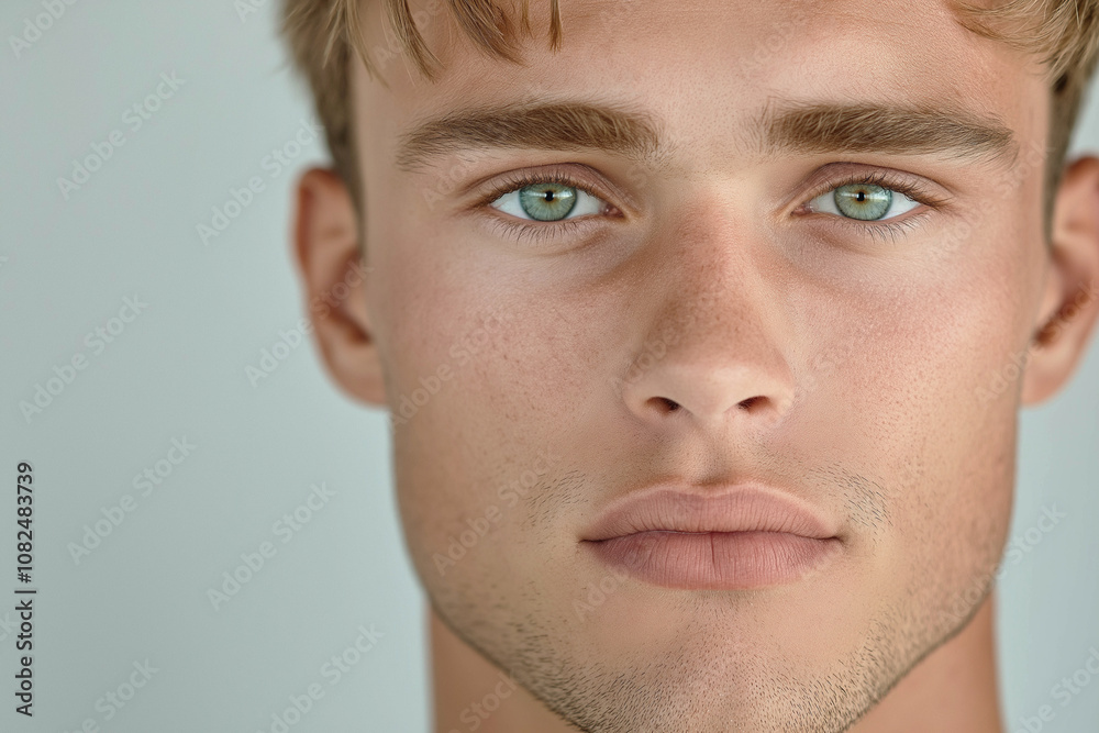 A 25-year-old handsome male model of European appearance. Close-up. Kind facial expression on a light background. Advertising banner A 25-year-old handsome male model of European appearance. Close-up. Kind facial expression on a light background. Advertising banner