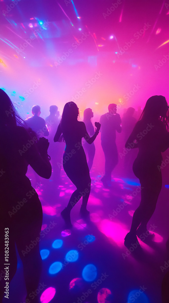 People dancing in silhouette on a vibrant dance floor with stage lights and fog at a nightclub People dancing in silhouette on a vibrant dance floor with stage lights and fog at a nightclub