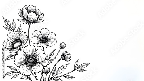 This is a striking black and white drawing that features beautiful flowers set against a bright and pristine white background