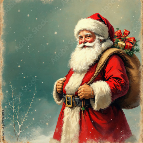 Vintage Painted Christmas Post Card with Happy Traditional Santa Claus Holding Bag of Gifts, XMAS Greeting

