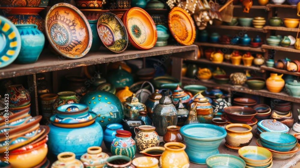A vibrant pottery market stall with pottery tools and displayed ceramic artworks, Artisans showcasing their pottery creations, Artisan market style