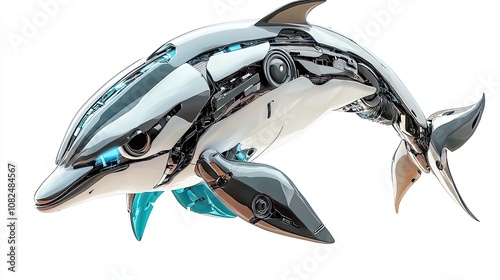 A futuristic robotic dolphin with exposed mechanical parts and glowing blue accents photo