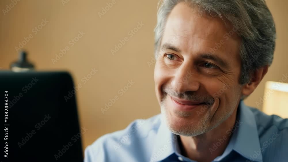 Mature professional smiling while engaging with digital content at a desk Mature professional smiling while engaging with digital content at a desk