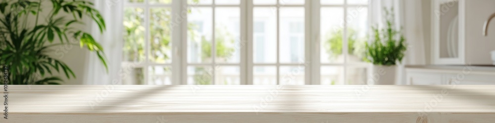 Empty wooden table in bright home interior with large windows, banner mockup background with copy space Empty wooden table in bright home interior with large windows, banner mockup background with copy space