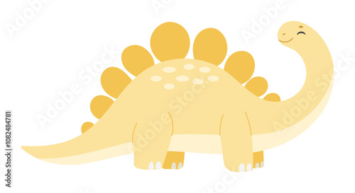 A yellow dinosaur with a smile on its face. It has a long neck and a long tail