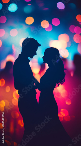 Romantic couple holding hands in silhouette under colorful bokeh lights, celebrating their love and intimacy