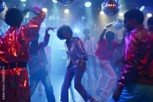 People dancing under disco balls with colorful lights and vibrant nightlife
