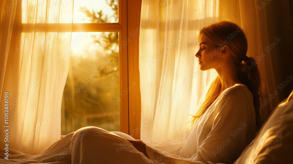 An aesthetic scene of a French girl waking up in a cozy bedroom with white sheets, the sunlight gently streaming through sheer curtains. She stretches lazily, creating a serene and