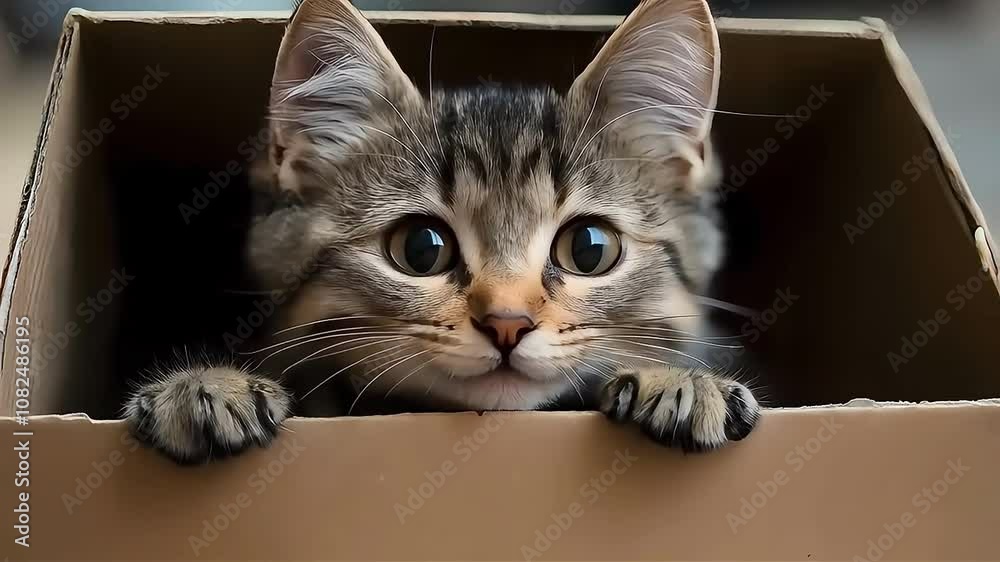 Curious gray tabby kitten peeking out of a cardboard box. Curious gray tabby kitten peeking out of a cardboard box.