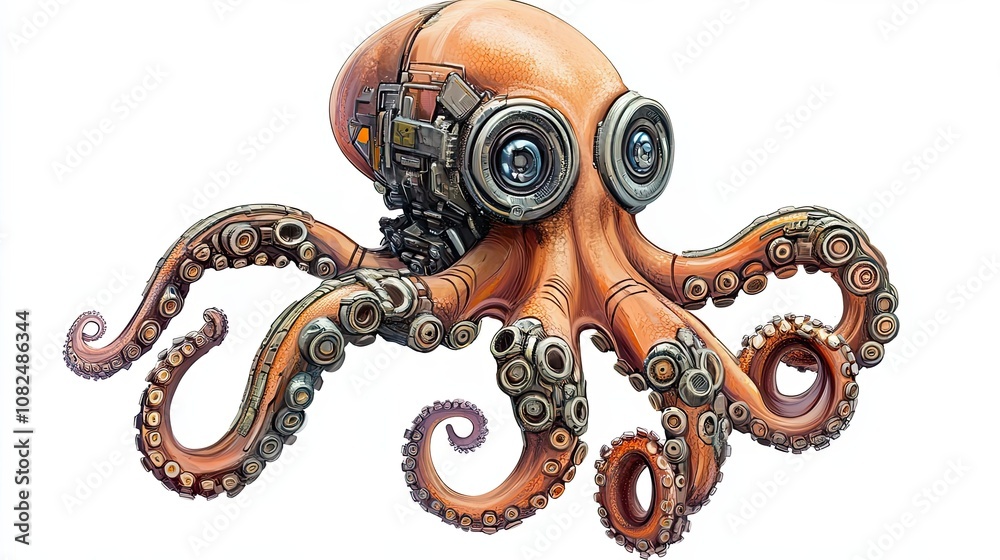 Obraz premium A steampunk octopus with mechanical parts and large eyes.