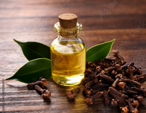 clove oil in bottle leaves and dried buds on wood ideal for aromatherapy natural remedies and herbal concepts photo