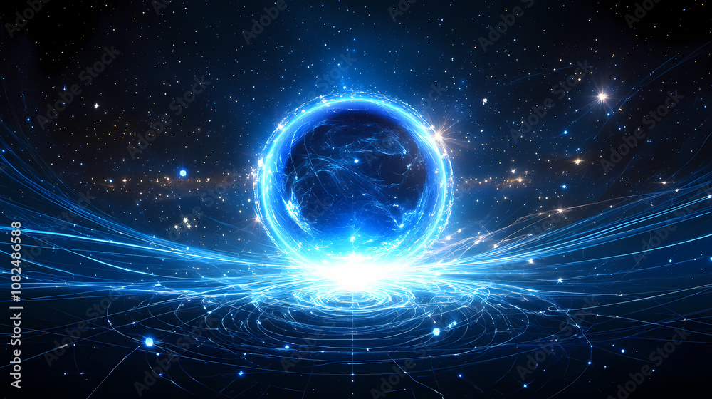 Fototapeta premium A radiant blue sphere at the center of an abstract universe with swirling lines of light radiating outward. Radiant. Illustration