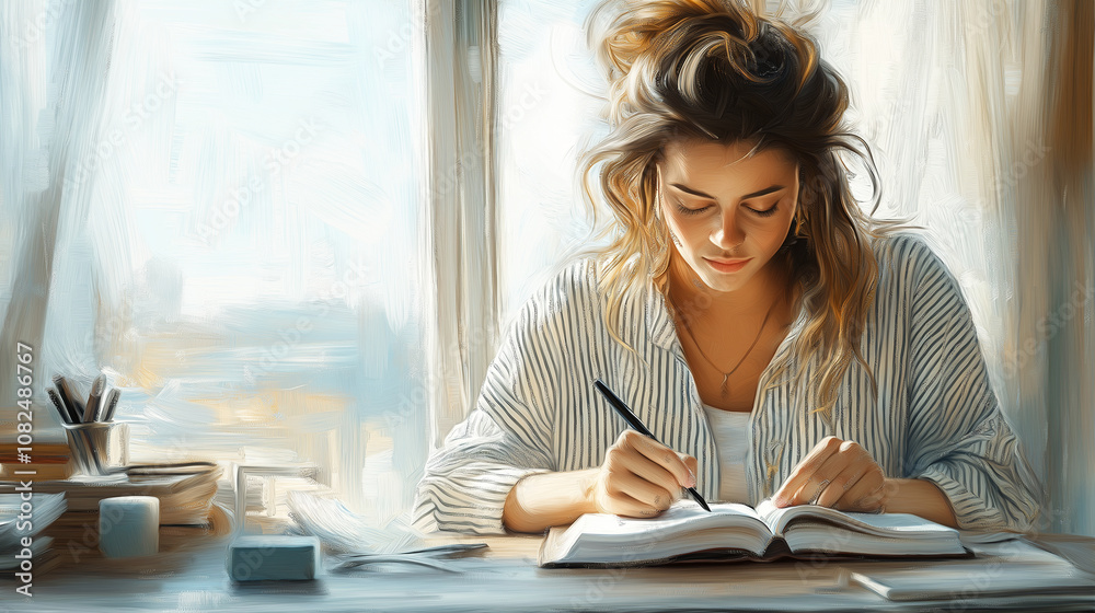 A minimalist morning scene of a French girl in a striped shirt, writing in her journal at a small desk by a window. Her surroundings are simple yet chic, and the morning light crea A minimalist morning scene of a French girl in a striped shirt, writing in her journal at a small desk by a window. Her surroundings are simple yet chic, and the morning light crea