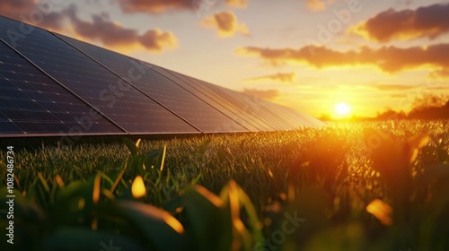Field of solar panels at sunset, with a vibrant orange sky and green grass in the foreground