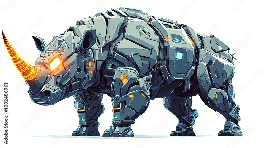 A Robotic Rhino With Glowing Orange Horns And Blue Lights A Robotic Rhino With Glowing Orange Horns And Blue Lights