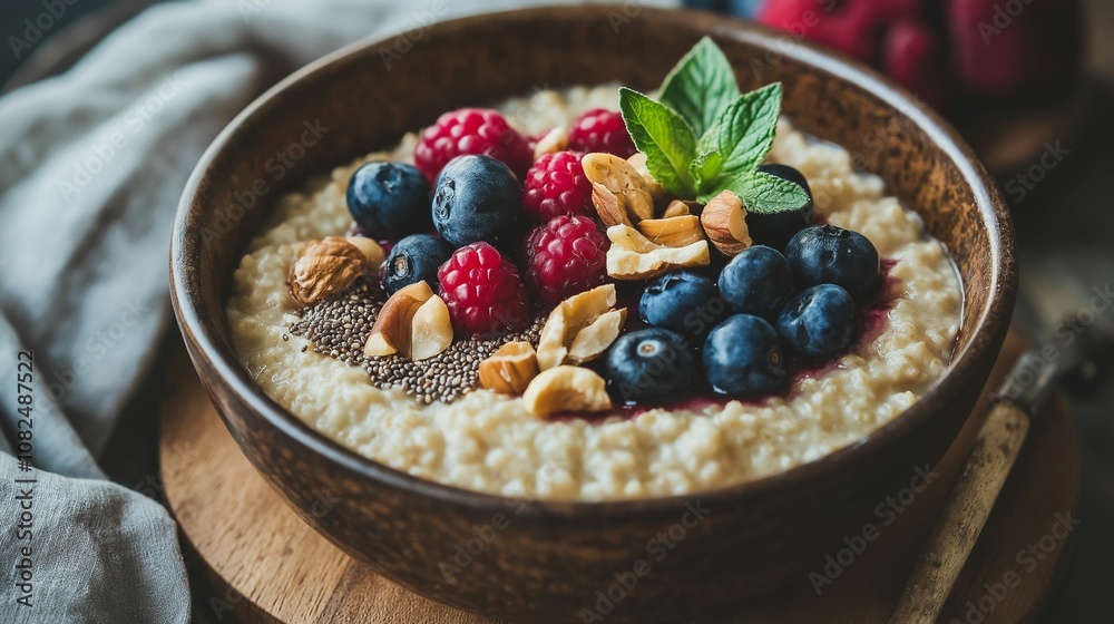 Amaranth porridge with blueberries, raspberries, and nuts in wooden bowl Amaranth porridge with blueberries, raspberries, and nuts in wooden bowl