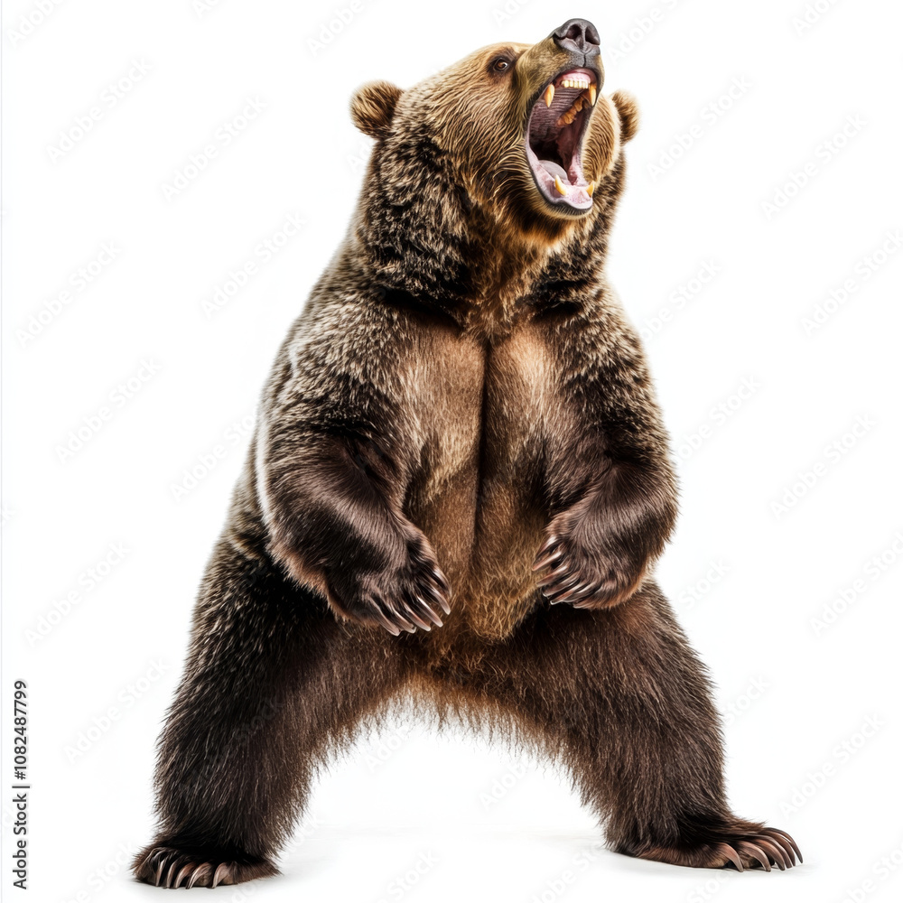 Fototapeta premium A playful brown bear cub stands on a white background, looking curious and adorable