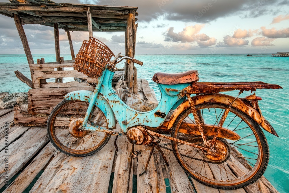 Fototapeta premium A rusty blue moped sits on a wooden pier overlooking a tropical ocean.