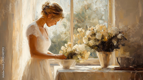 An elegant morning scene of a French girl arranging flowers on her dining table, surrounded by a charming, light-filled room. Her soft, content expression and simple dress highligh photo