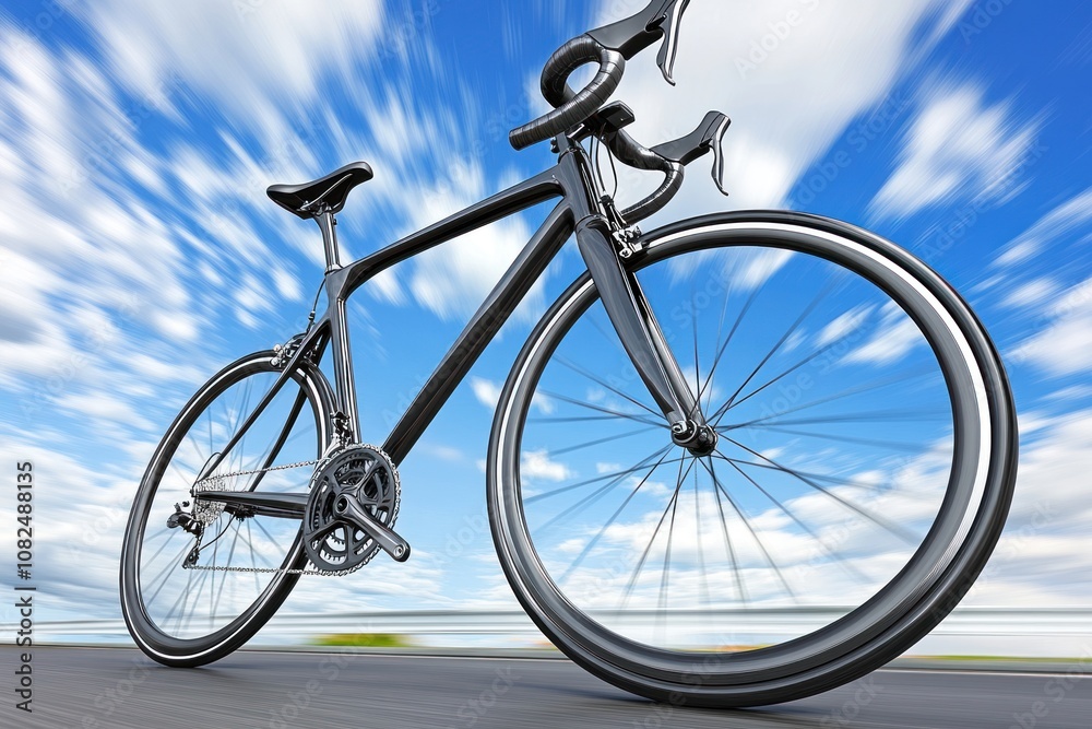 A black road bike moving fast with blurred motion against a blue sky with white clouds. A black road bike moving fast with blurred motion against a blue sky with white clouds.