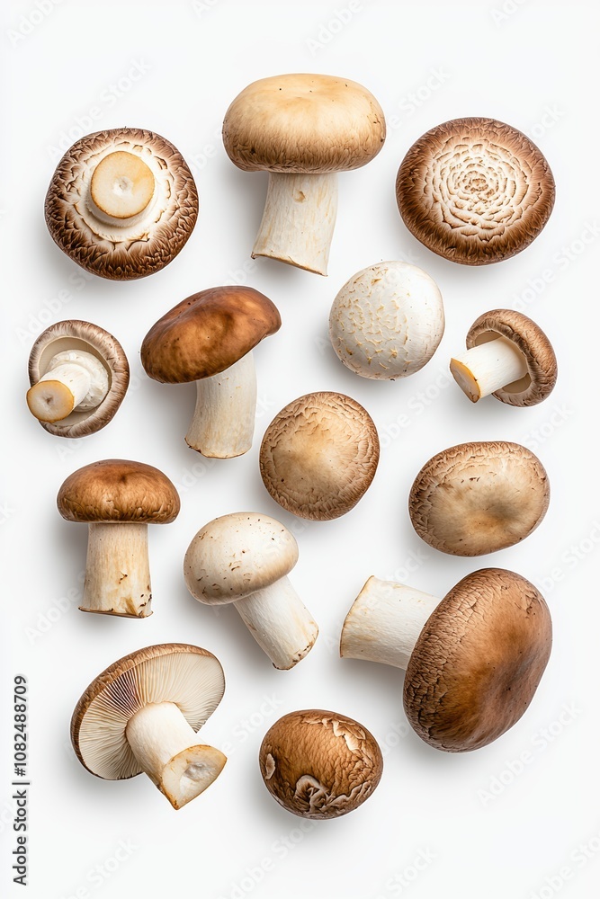 Assortment of Fresh Mushrooms on White Background Ideal for Culinary Arts, Nutritional Concepts, and Nature-Inspired Projects Featuring Multiple Varieties and Unique Textures Assortment of Fresh Mushrooms on White Background Ideal for Culinary Arts, Nutritional Concepts, and Nature-Inspired Projects Featuring Multiple Varieties and Unique Textures