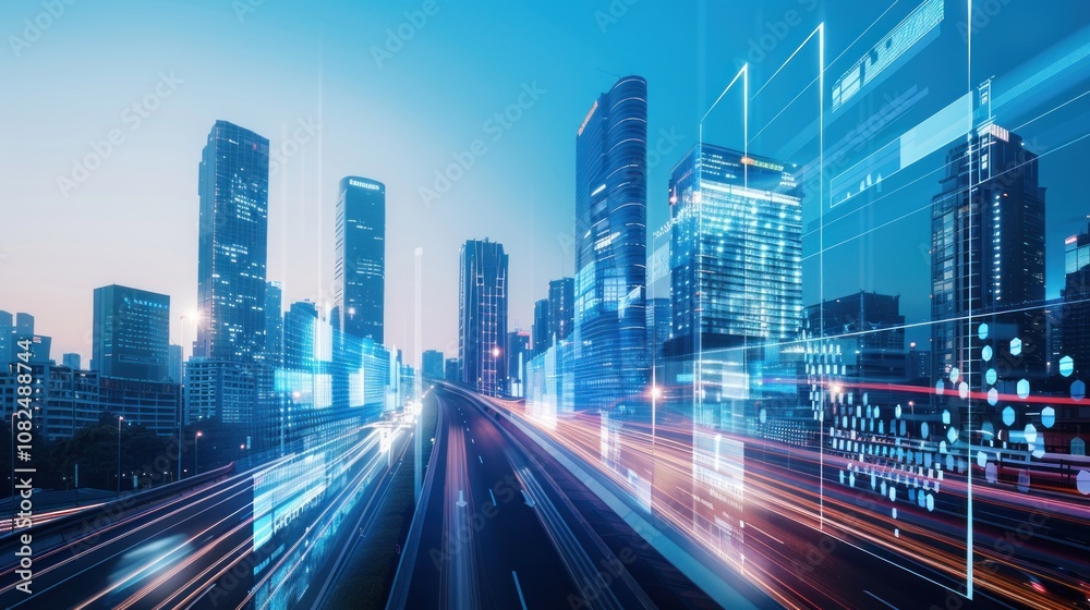 Fototapeta premium Cityscape with Data Visualization and Light Trails