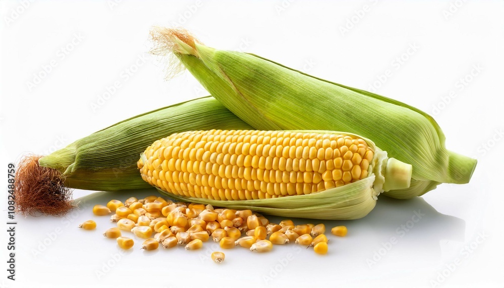 fresh corn cobs and seeds isolated on white background fresh corn cobs and seeds isolated on white background