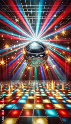 Colorful Disco Ball with Radiant Light Beams - Retro Dance Floor Vibes photo