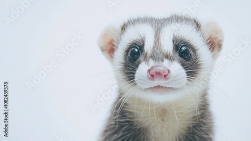 A cute ferret with big, curious eyes looks directly at the camera, its pink nose and whiskers adding to its charming appeal.