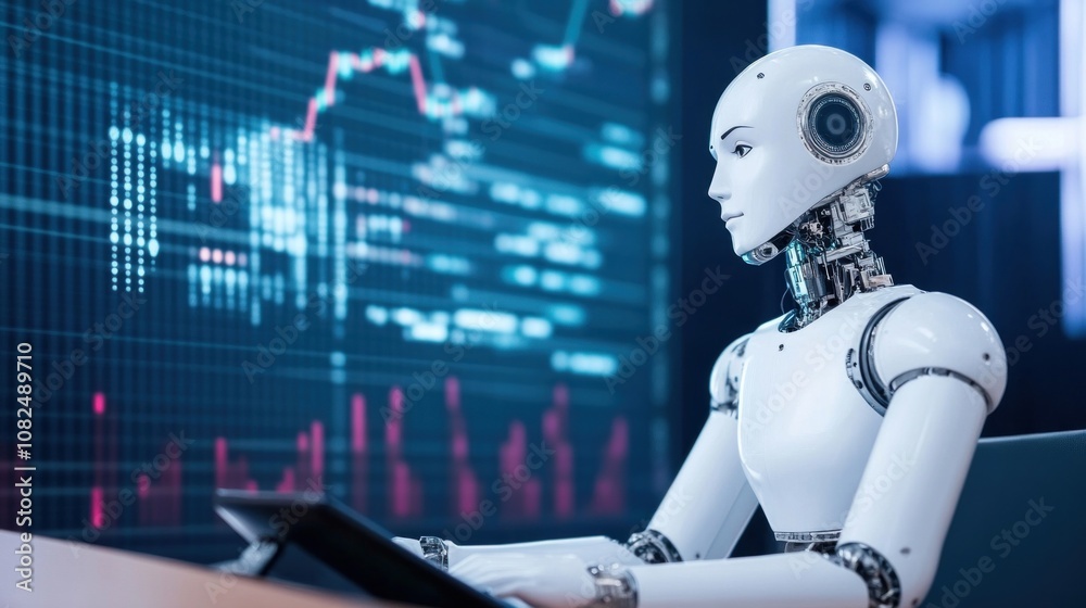 Humanoid AI robot analyzing stock market data on computer screen Humanoid AI robot analyzing stock market data on computer screen