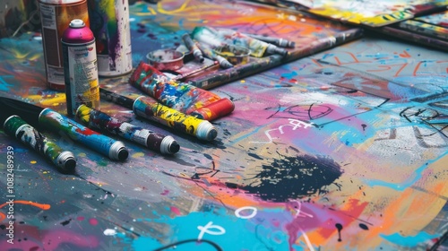 Wallpaper Mural A vibrant street art area with spray paints and stencils, Graffiti tools and sketches laid out perfectly, Urban creative style Torontodigital.ca