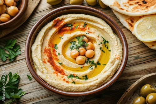 Classic Lebanese Hummus with Olive Oil Swirl in Rustic Middle Eastern Food Photography Setting