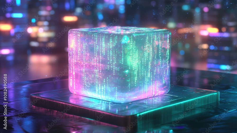 A glowing cube of digital tofu with holographic edges, floating above a reflective metallic plate, surrounded by faint binary code, illuminated by soft neon green and purple lighting with a futuristic A glowing cube of digital tofu with holographic edges, floating above a reflective metallic plate, surrounded by faint binary code, illuminated by soft neon green and purple lighting with a futuristic
