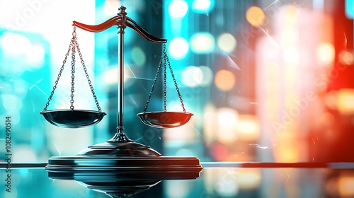 lawyer business ethics. A modern symbol of justice featuring balanced scales set against a blurred, urban backdrop, emphasizing law and order. photo