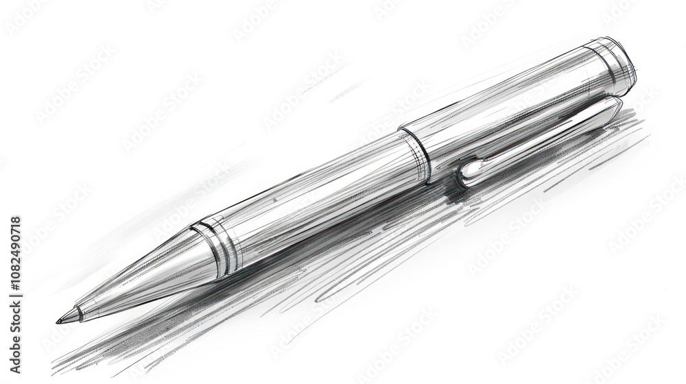 A silver pen with a black clip and a silver tip. The pen is lying on a white surface and casting a shadow. A silver pen with a black clip and a silver tip. The pen is lying on a white surface and casting a shadow.
