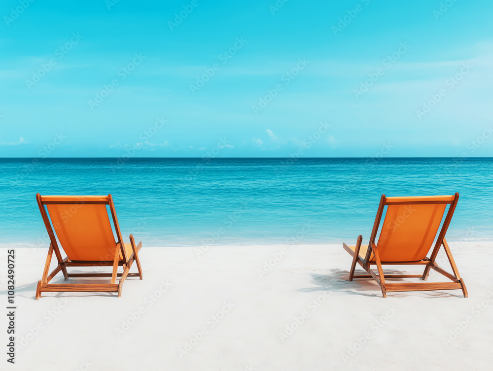 Two vibrant orange deck chairs on serene beach, overlooking the tranquil blue ocean and clear sky. Two vibrant orange deck chairs on serene beach, overlooking the tranquil blue ocean and clear sky.