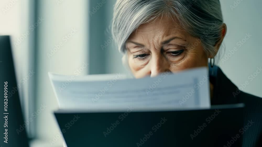 Focused senior woman analyzing documents in office setting for informed decisionmaking Focused senior woman analyzing documents in office setting for informed decisionmaking