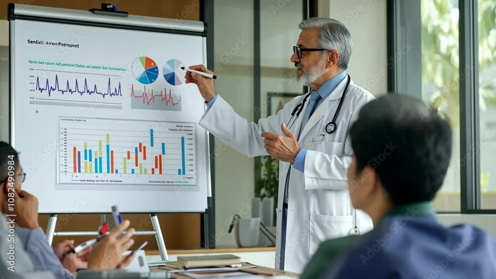 Experienced doctor presents data insights during a medical review meeting in a modern office setting