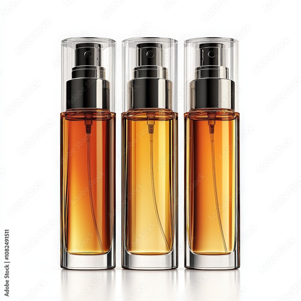 Elegant trio of amber tinted glass perfume bottles with minimalist design