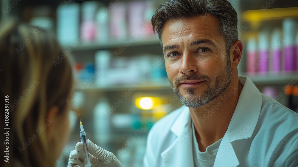 Male cosmetologist preparing for a filler treatment in a modern aesthetic clinic setting Male cosmetologist preparing for a filler treatment in a modern aesthetic clinic setting
